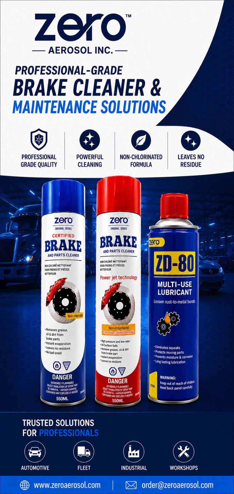 Zero Aerosol product line poster showing Original Brake Cleaner, Certified Brake Cleaner, and ZD-80 Multi-Use Lubricant